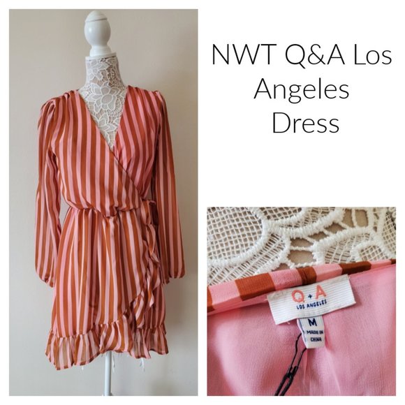 NWT Q+A Los Angeles Striped Long Sleeve Ruffle Dress - Picture 1 of 12